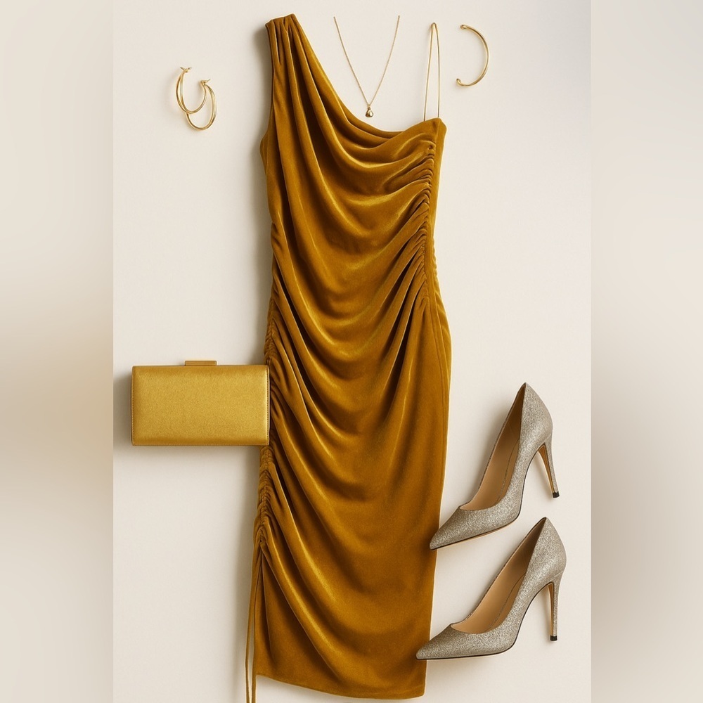 NWT House of Harlow 1960 Luxe Velvet Ruched One Shoulder Midi Dress